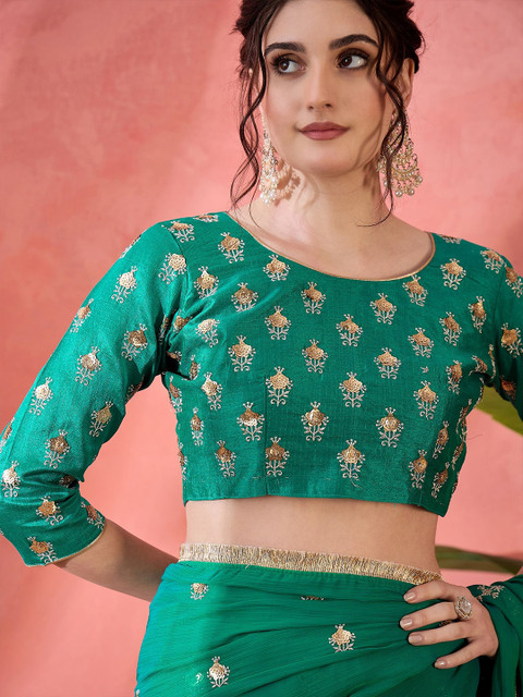 Sangria Sequinned Embellished Pure Chiffon Saree With Unstitched Blouse - Image 7