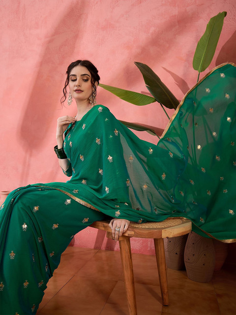 Sangria Sequinned Embellished Pure Chiffon Saree With Unstitched Blouse - Image 5