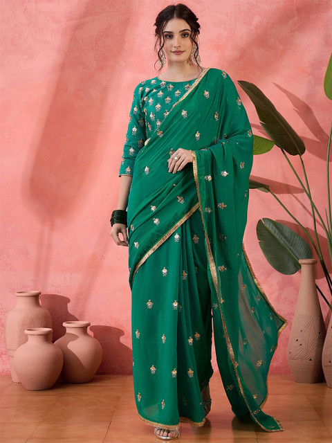 Sangria Sequinned Embellished Pure Chiffon Saree With Unstitched Blouse - Image 2