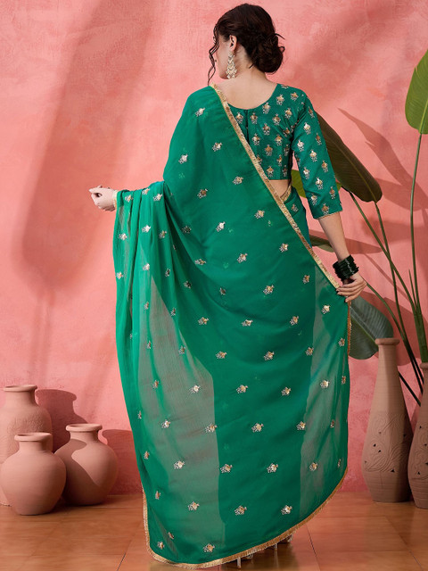 Sangria Sequinned Embellished Pure Chiffon Saree With Unstitched Blouse - Image 4