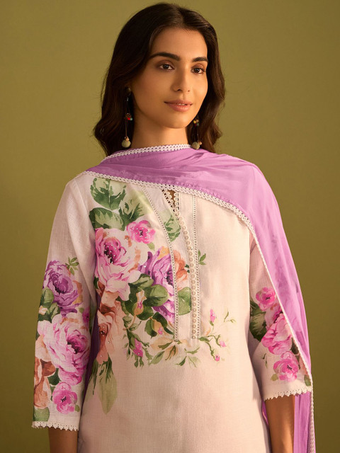 Indo Era Floral Printed V-Neck Linen Straight Kurta With Trousers & Dupatta