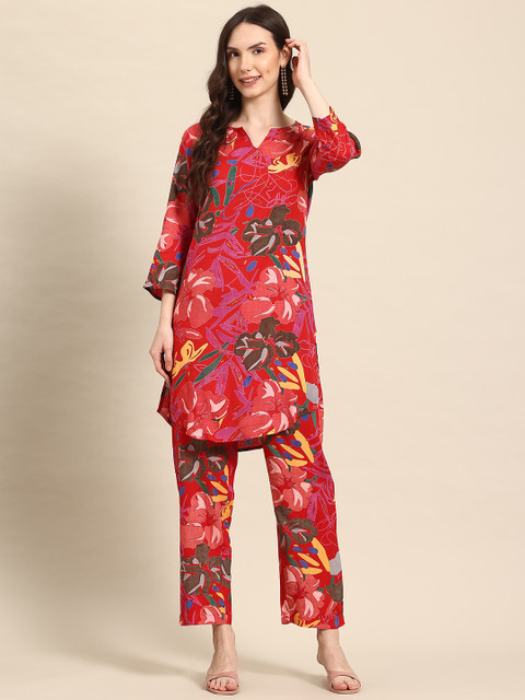A&K Red Floral Printed Tunic and Trousers Set