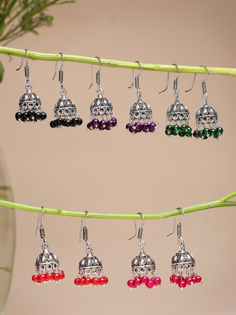 Sangria Women Pair of 5 Oxidized Silver Plated Multicolor Artificial Beads Jhumka Earrings