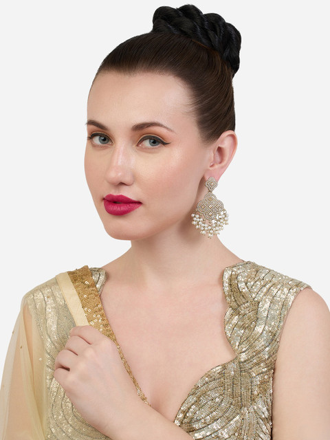 Zaveri Pearls Gold-Plated Stone Studded And Pearls Beaded Contemporary Drop Earrings - Image 4
