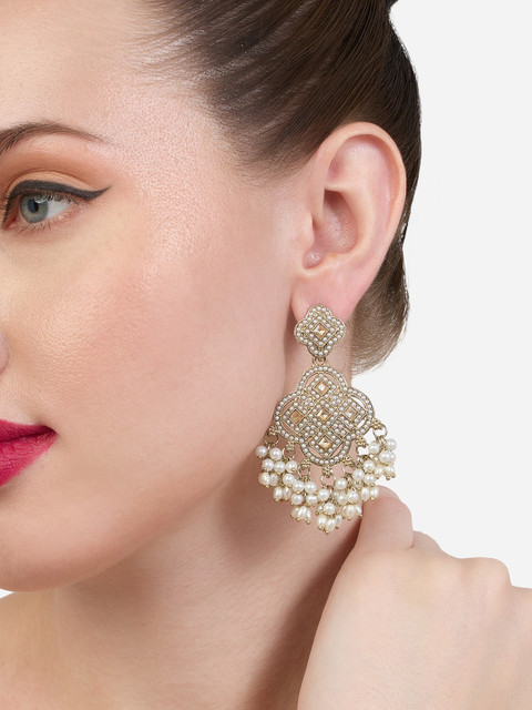 Zaveri Pearls Gold-Plated Stone Studded And Pearls Beaded Contemporary Drop Earrings