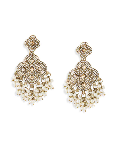 Zaveri Pearls Gold-Plated Stone Studded And Pearls Beaded Contemporary Drop Earrings - Image 3