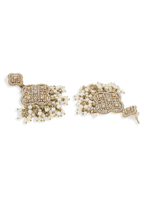 Zaveri Pearls Gold-Plated Stone Studded And Pearls Beaded Contemporary Drop Earrings - Image 5