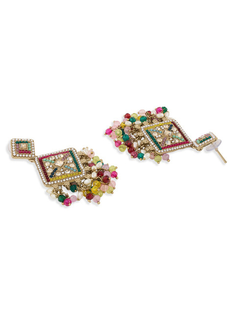 Zaveri Pearls Gold-Plated Stone Studded And Beaded Antique Contemporary Drop Earrings - Image 5