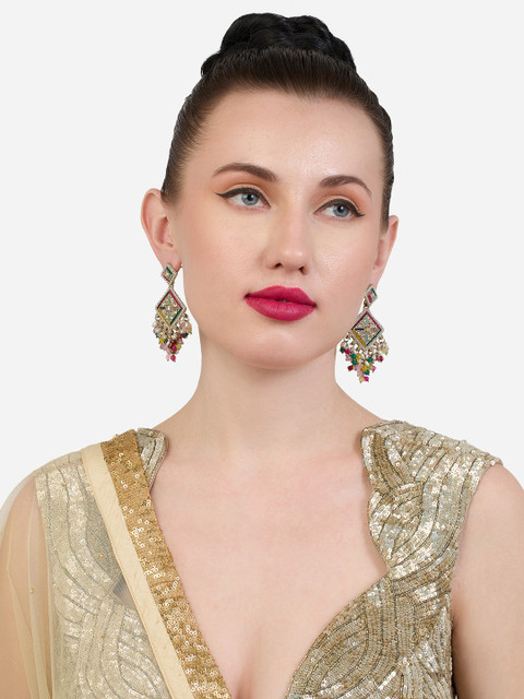 Zaveri Pearls Gold-Plated Stone Studded And Beaded Antique Contemporary Drop Earrings - Image 4