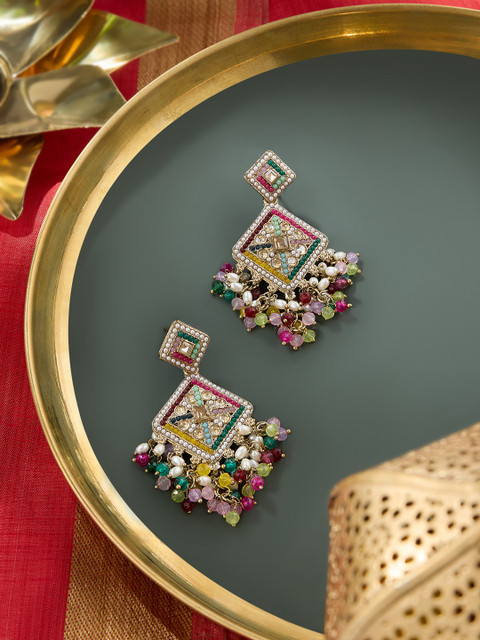 Zaveri Pearls Gold-Plated Stone Studded And Beaded Antique Contemporary Drop Earrings - Image 2
