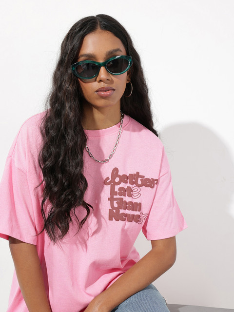 The Roadster Life Co. Typography Printed Drop-Shoulder Sleeves Oversized T-shirt