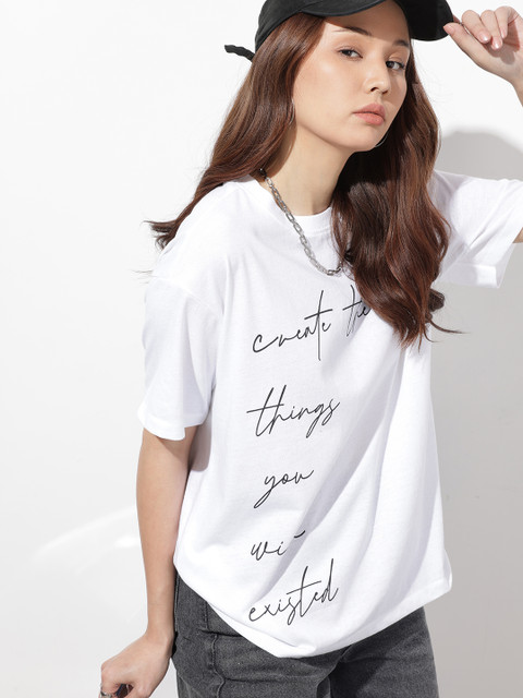 The Roadster Life Co. Typography Printed Drop-Shoulder Sleeves Oversized T-shirt
