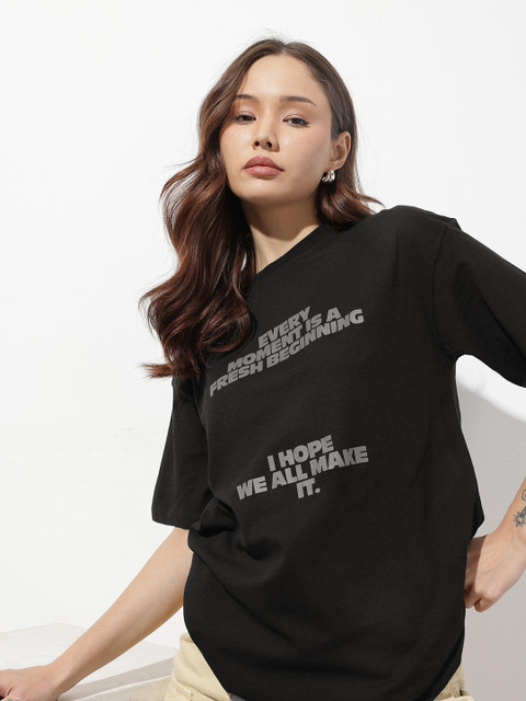 The Roadster Life Co. Typography Printed Drop-Shoulder Sleeves Oversized T-shirt