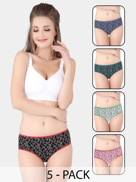Trylo Women Pack Of 5 Cotton Fabric High Waist Briefs