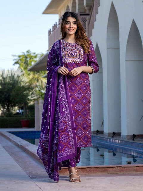 KALINI Ethnic Motifs Printed Embroidered Pure Cotton Kurta With Trousers & Dupatta