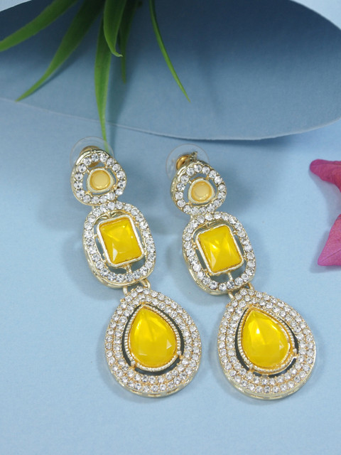 I Jewels Gold-Plated Artificial Stones Studded Teardrop Shaped Drop Earrings