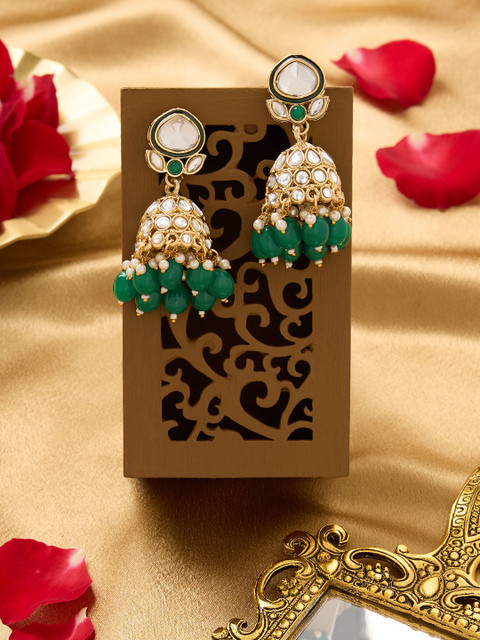 Zaveri Pearls Gold-Plated Pearls Beaded & Kundan Studded Dome Shaped Jhumkas