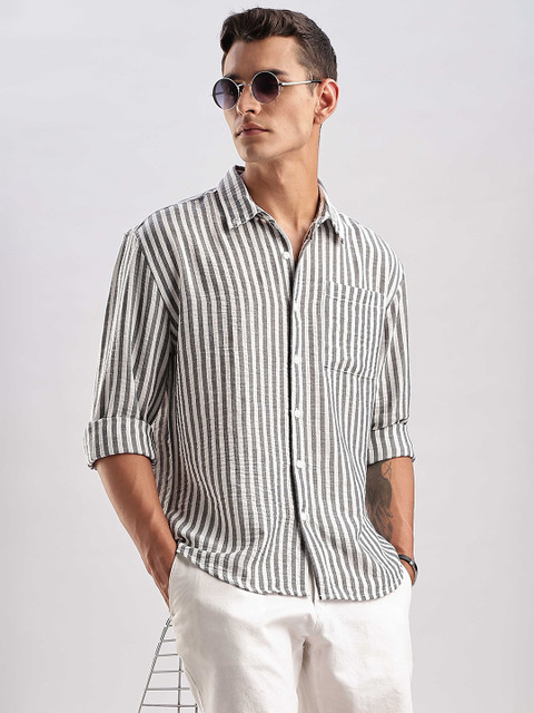 HERE&NOW Relaxed Fit Striped Button-Down Collar Linen Blend Casual Shirt
