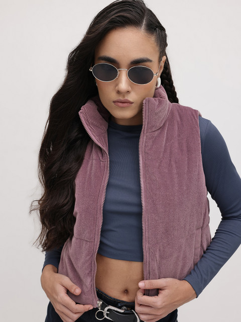 The Roadster Life Co. Self Striped Corduroy Mock Collar Crop Gilet Jacket