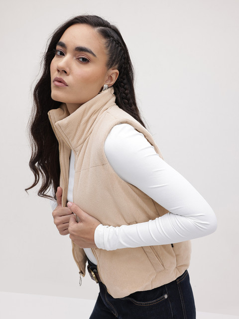 The Roadster Life Co. Self Striped Corduroy Mock Collar Crop Gilet Jacket