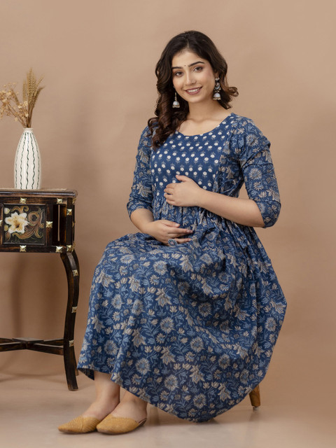 SILAKIVA Floral Printed Round Neck Maternity Anarkali Ethnic Dress