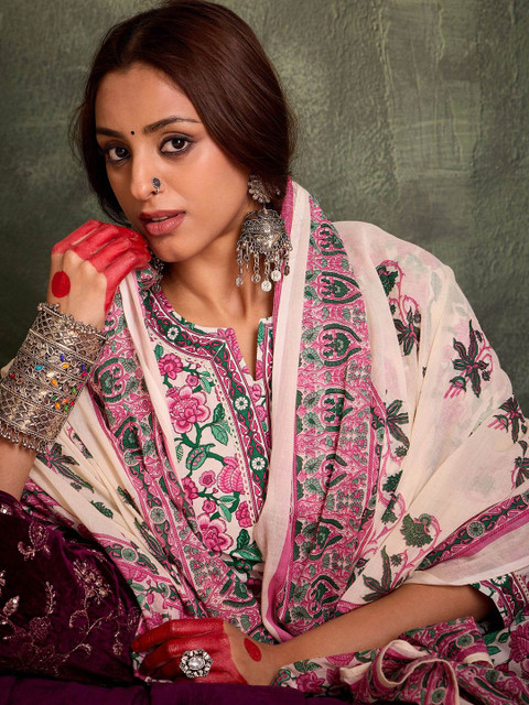 Indo Era Floral Printed Pure Cotton Straight Kurta With Trousers & Dupatta