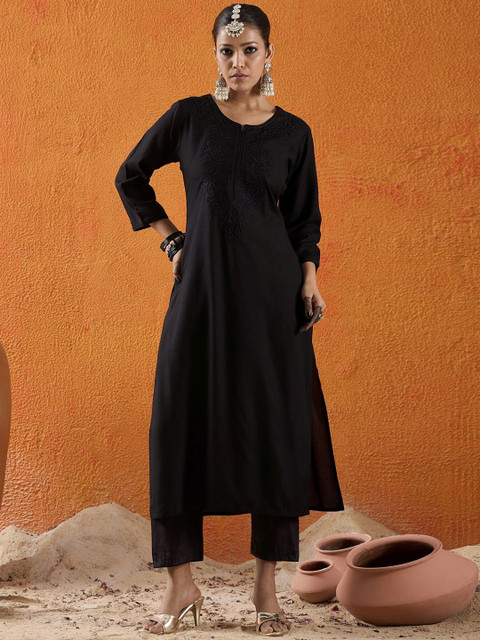 Indo Era Floral Embroidered Thread Work Straight Kurta - Image 2