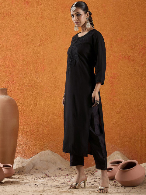 Indo Era Floral Embroidered Thread Work Straight Kurta - Image 3
