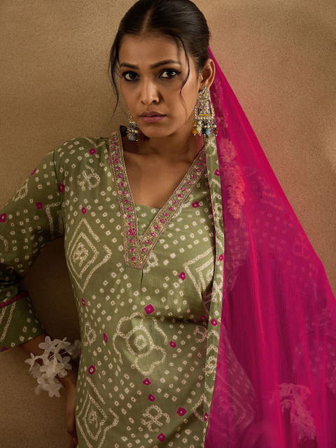 Indo Era Bandhani Printed Pure Cotton Kurta With Trousers & Dupatta