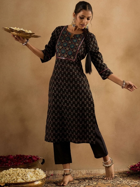 Indo Era Floral Printed Notch Neck Mirror Work Pure Cotton Straight Kurta - Image 7