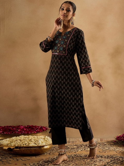 Indo Era Floral Printed Notch Neck Mirror Work Pure Cotton Straight Kurta - Image 4