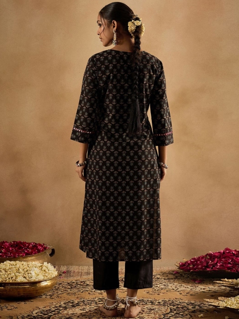 Indo Era Floral Printed Notch Neck Mirror Work Pure Cotton Straight Kurta - Image 5