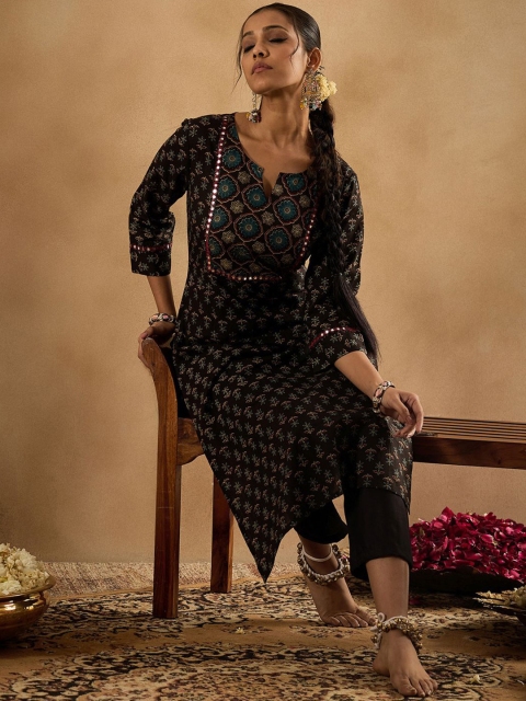 Indo Era Floral Printed Notch Neck Mirror Work Pure Cotton Straight Kurta - Image 6