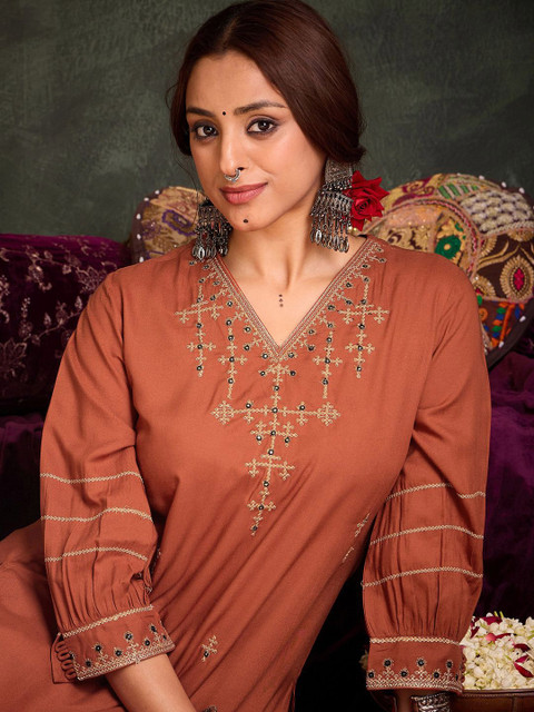 Indo Era Floral Yoke Design V-Neck Thread Work A-Line Kurta With Palazzos