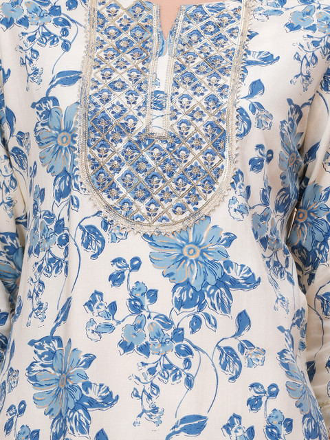 PHYSIL Floral Printed Gotta Patti Round Neck Pure Cotton Straight Kurta - Image 3