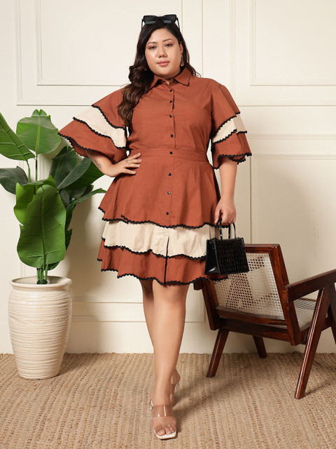 Vibes by Vibes by Deebaco Plus Size Colourblocked Pure Cotton Shirt With Skirt