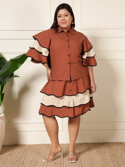 DEEBACO Plus Size Colourblocked Pure Cotton Shirt With Skirt - Image 6