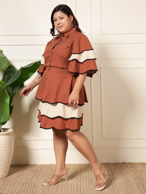 DEEBACO Plus Size Colourblocked Pure Cotton Shirt With Skirt - Image 4
