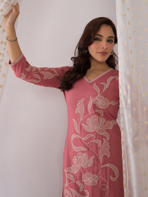 Indo Era Floral Embroidered Thread Work Pure Cotton V-Neck Straight Kurta With Trousers