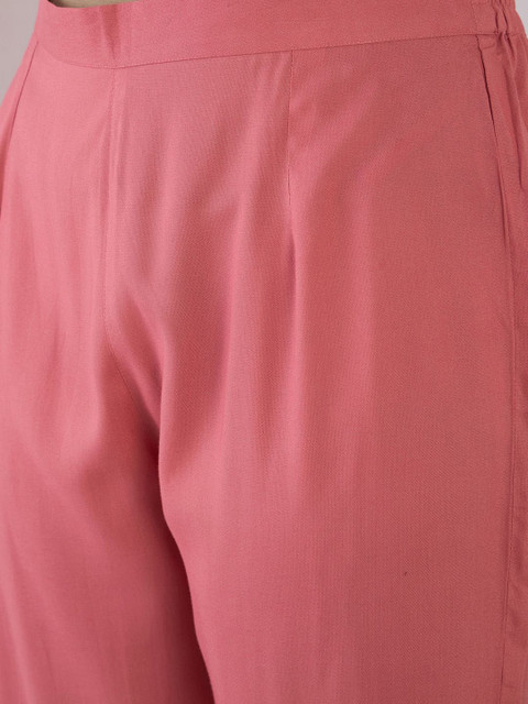Indo Era Floral Embroidered Thread Work Pure Cotton V-Neck Straight Kurta With Trousers - Image 3