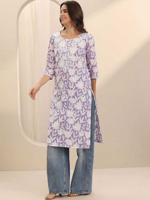 Libas Floral Printed Thread Work Cotton Straight Kurta - Image 4