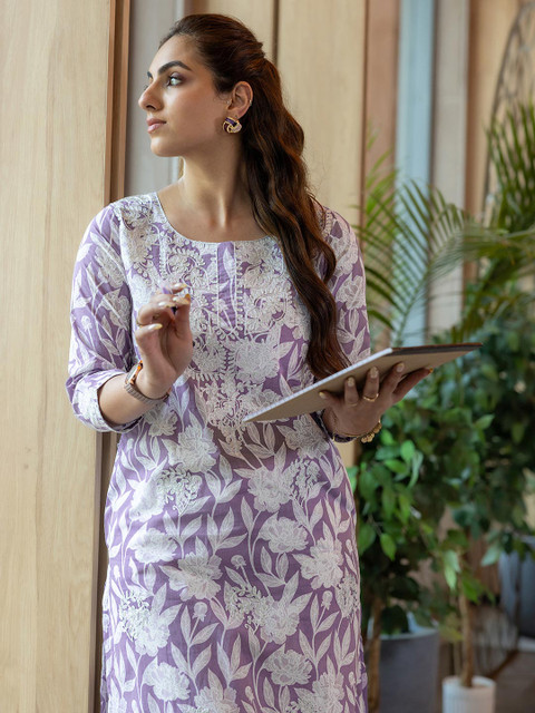 Libas Floral Printed Thread Work Cotton Straight Kurta - Image 2