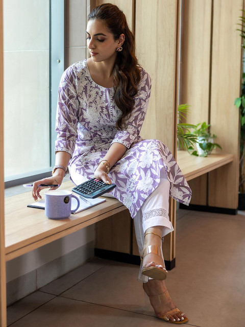 Libas Floral Printed Thread Work Cotton Straight Kurta