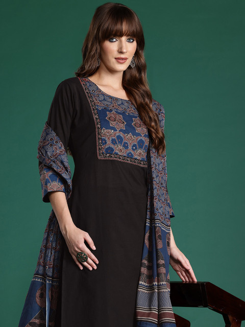 Indo Era Ethnic Motifs Printed Mirror Work Pure Cotton Kurta with Trousers & With Dupatta