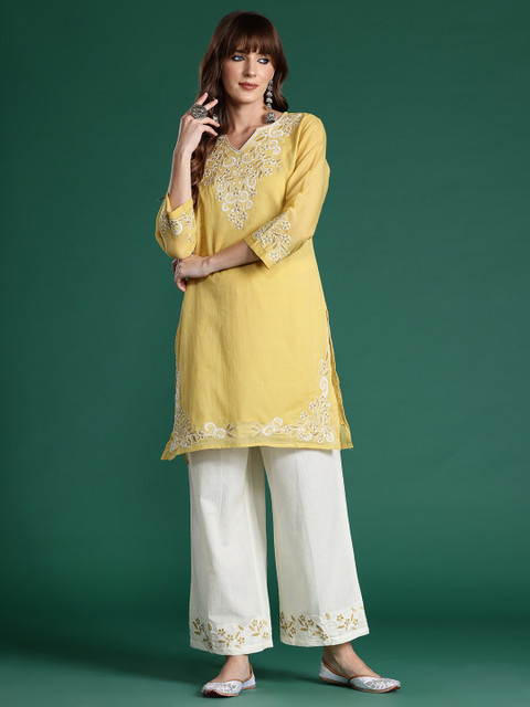 Indo Era Floral Embroidered Thread Work Pure Cotton Kurti with Trousers