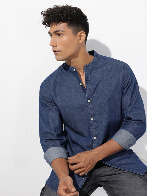 R.Code by The Roadster Life Co. Solid Mandarin Collar Denim Shirt