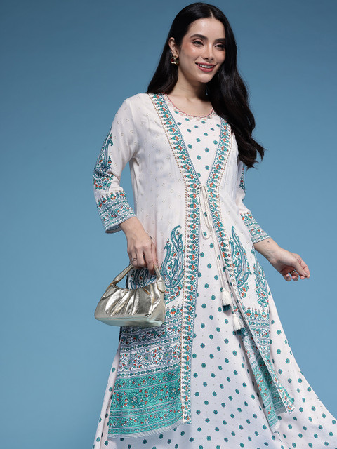 HERE&NOW Ethnic Motifs Print Round Neck Ethnic Dress With Jacket
