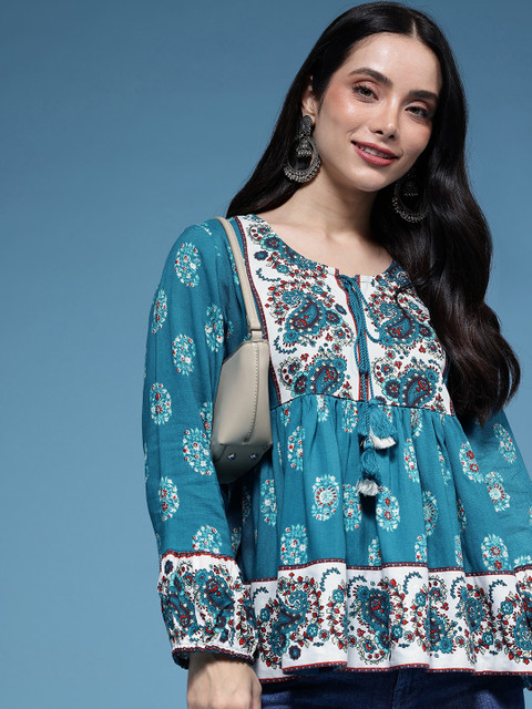 HERE&NOW Floral Printed V-Neck Kurti
