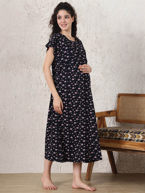 Secret Wish Printed Maternity Round Neck Nightdress - Image 3