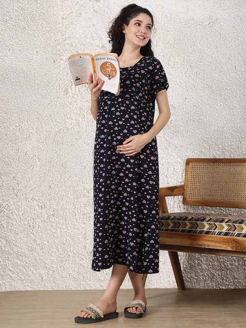 Secret Wish Printed Maternity Round Neck Nightdress - Image 6